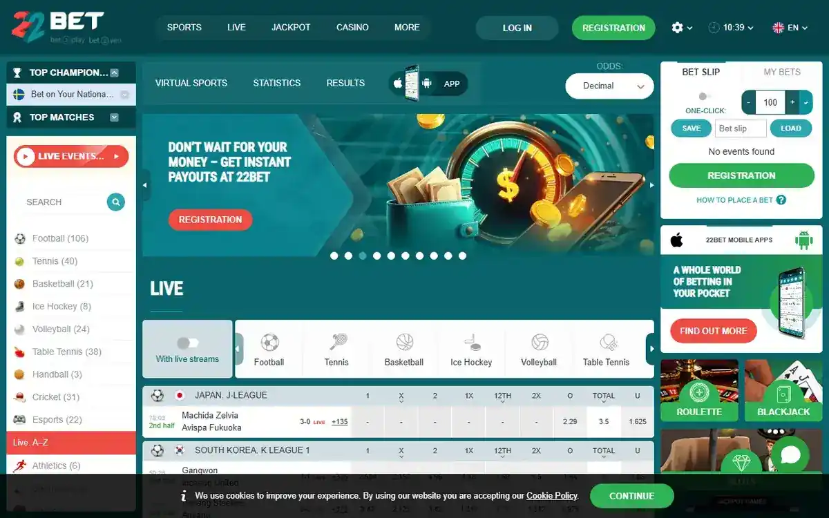 Startsidan hos 22Bet, skärmbild 2026-10-18