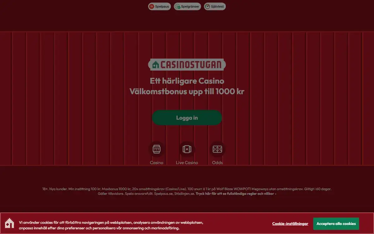 Startsidan hos Casinostugan, skärmbild 2026-10-18