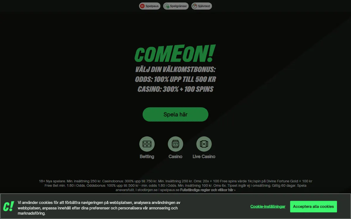 Startsidan hos ComeOn, skärmbild 2026-10-18