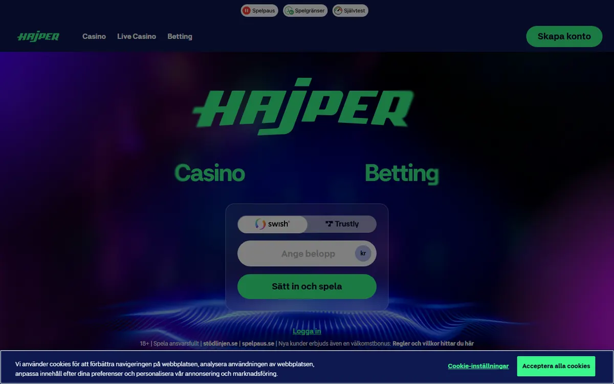 Startsidan hos Hajper, skärmbild 2026-10-18
