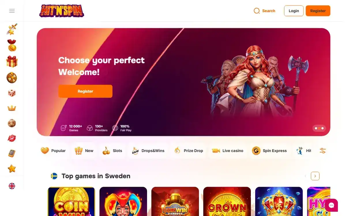 Startsidan hos Hit'n'Spin, skärmbild 2026-10-18