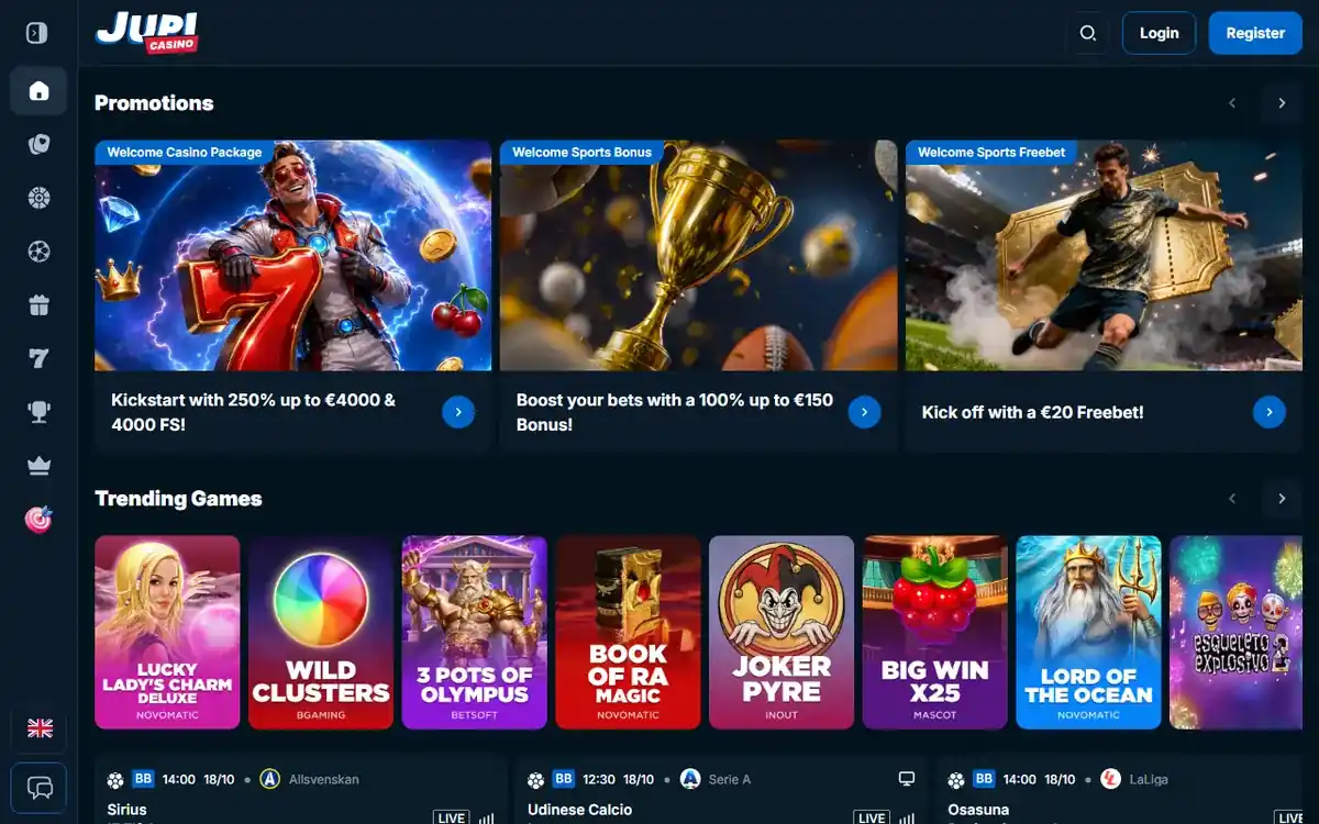 Startsidan hos Jupi Casino, skärmbild 2026-10-18